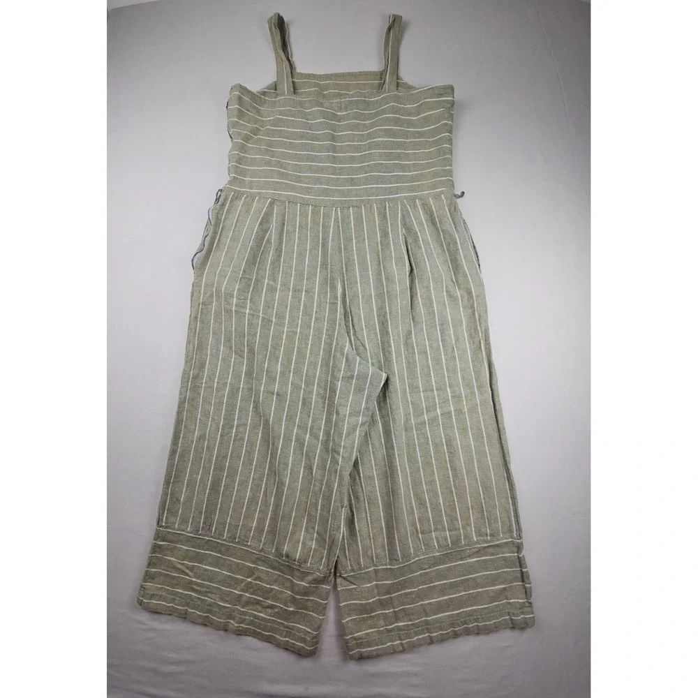 BeachLunchLounge Women's L Talia Jumpsuit Linen Cotton Wide Leg Crop OliveStripe